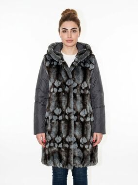 CREENSTONE FAUX FUR HOODED PUFFER COAT BLACK GREY WOMAN MEDIUM